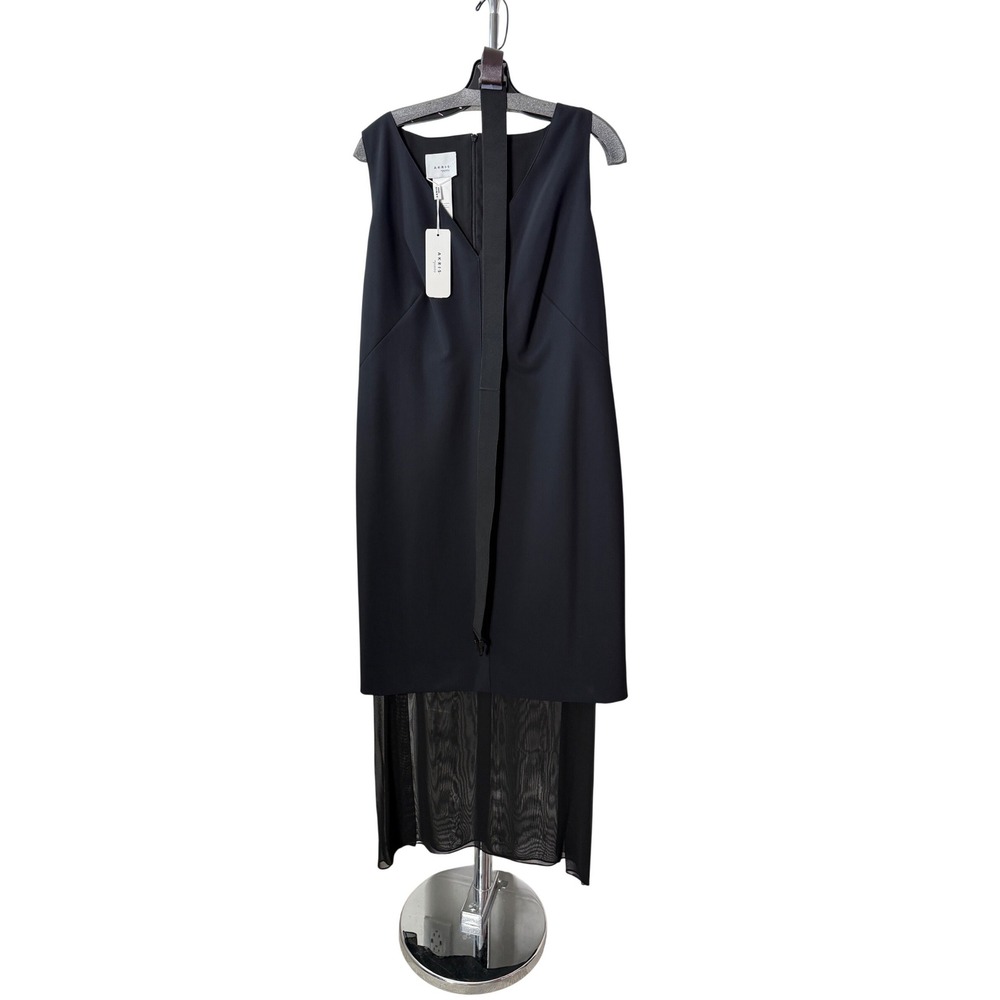 Akris Punto Belted Black Sleeveless Mesh Hem V-Neck Dress Size 14 NWT